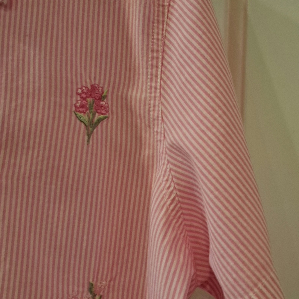 Basic Editions Floral Embroidered Button Down Shirt Pink Striped size M - Picture 6 of 16